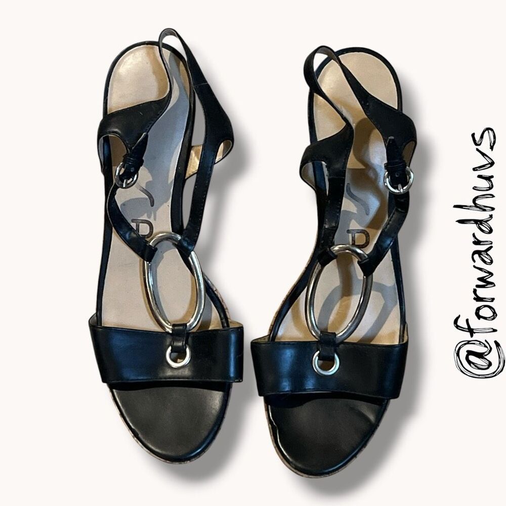 Unisa Black Cork Wedge Slingback Sandals Silver Hardware Women’s Size - Picture 2 of 8